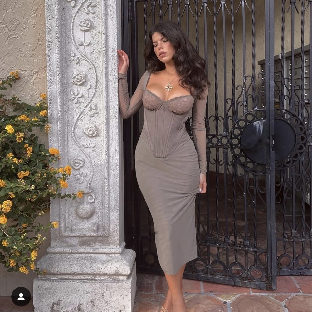 House of CB Taupe Sheer-Sleeve Corset Midi Dress